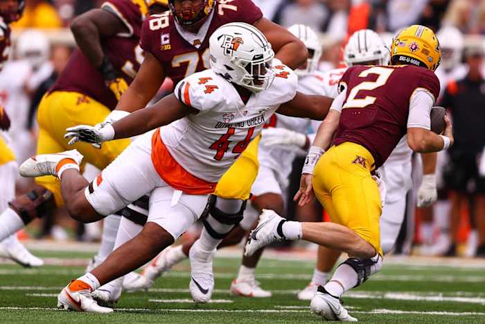Bowling Green Falcons defensive lineman Karl Brooks (44) sacks Minnesota Gophers quarterback Tanner Morgan (2). Mandatory Credit: Harrison Barden-USA TODAY Sports
